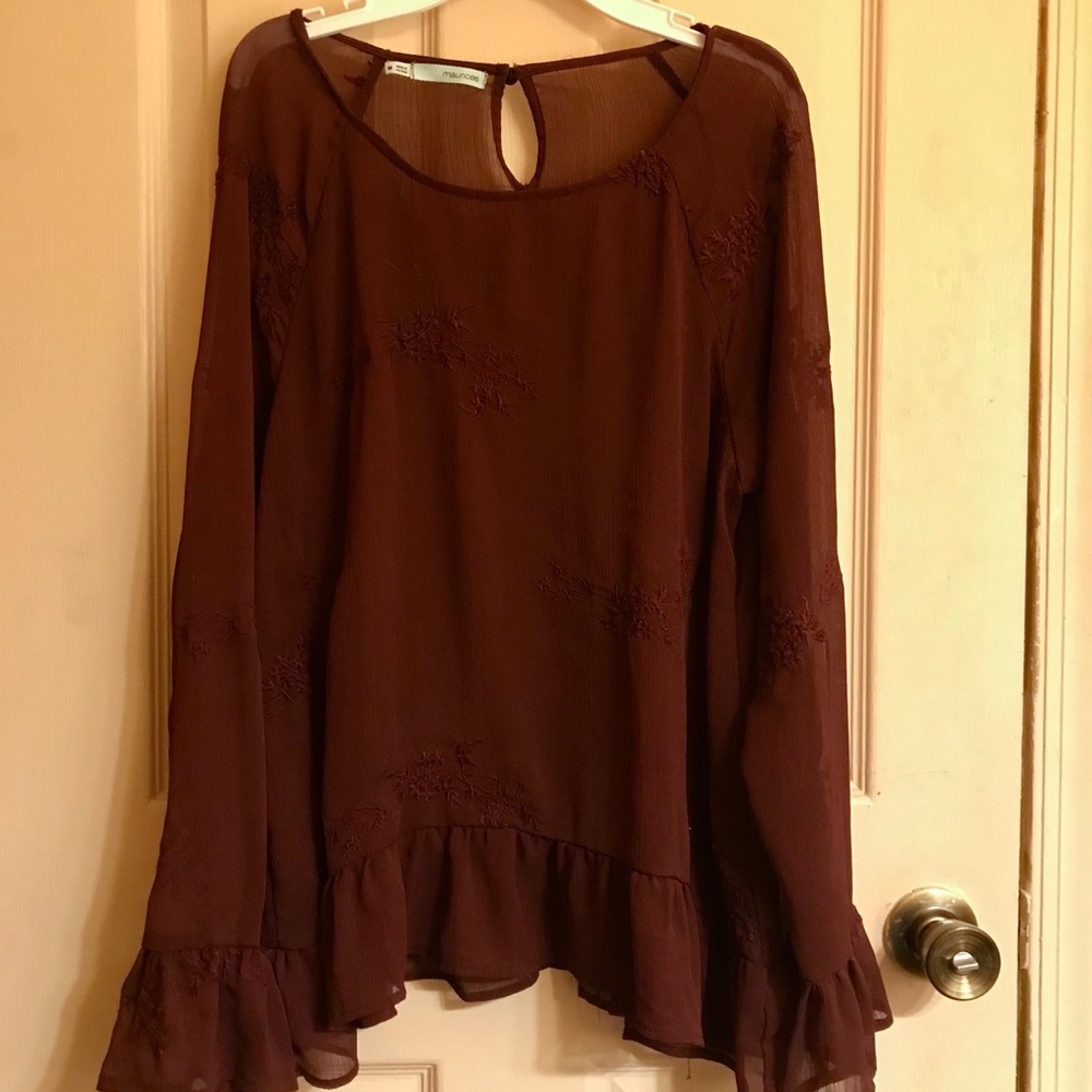 Long sleeve burgundy see through blouse